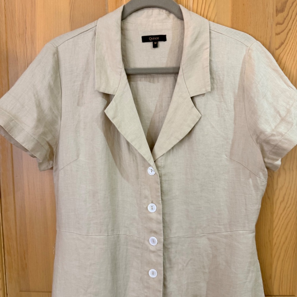 Quince Linen Button Down Midi Dress M Beige S/Sleeve Pockets Quiet Lux Minimal